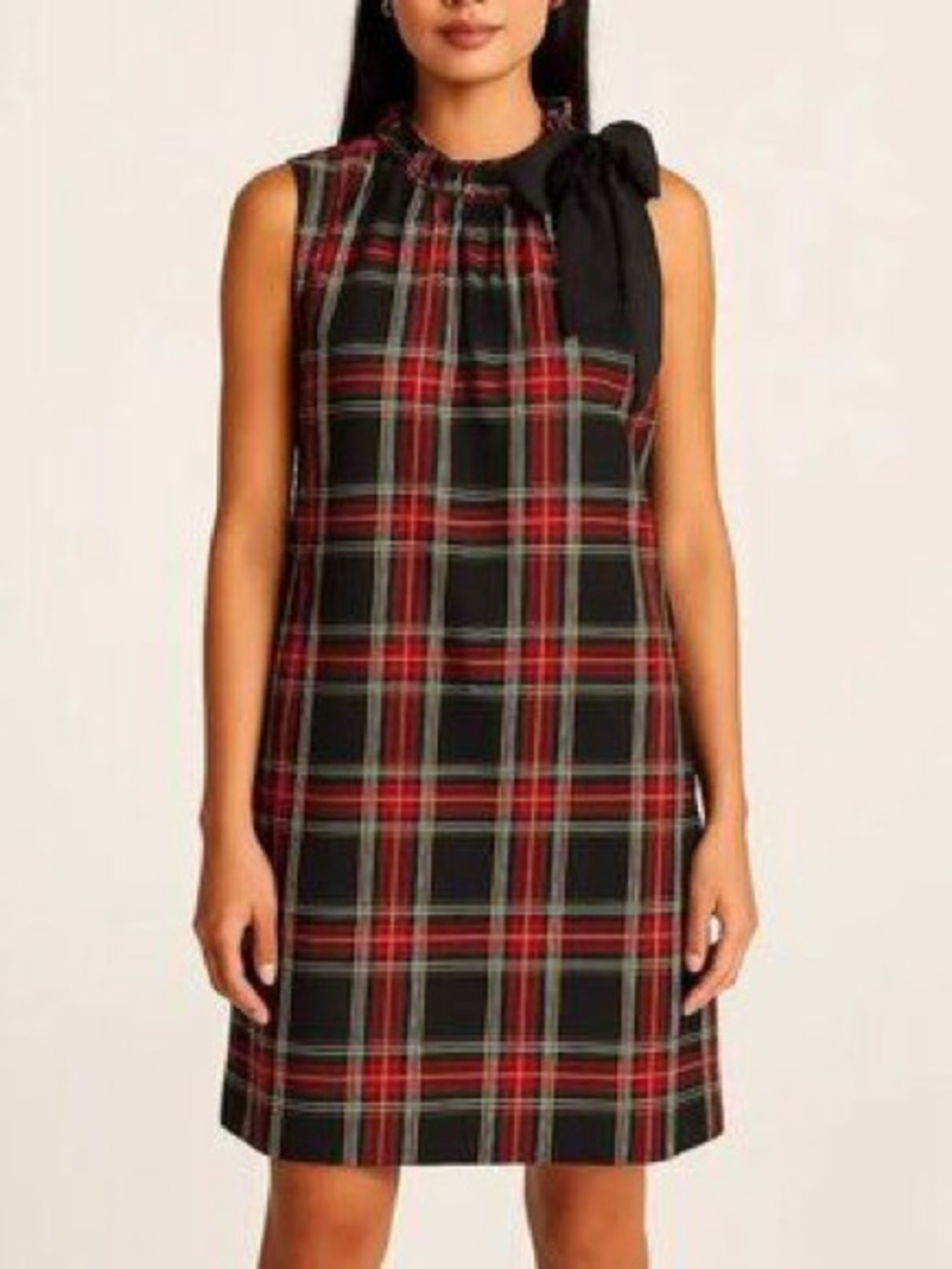 J, Crew Sleeveless Plaid Shift Dress with Shoulder Bow - Black & Red